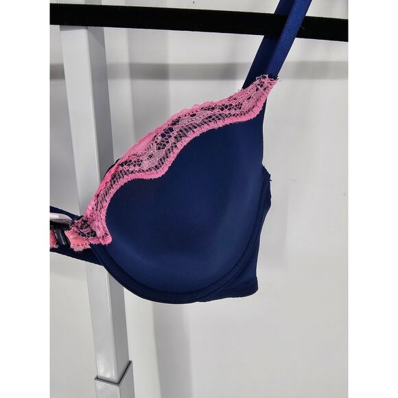 Vintage Rampage Intimates Womens Sz 36B Front Clasp T Shirt Bra Navy & Pink Lace - Picture 3 of 6